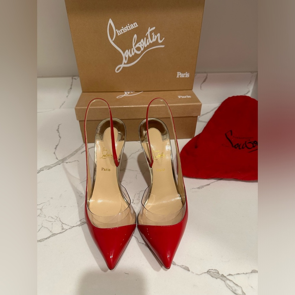 Christian Louboutin Optisexy Plexi PVC Patent Leather Slingback Pumps size 39.5